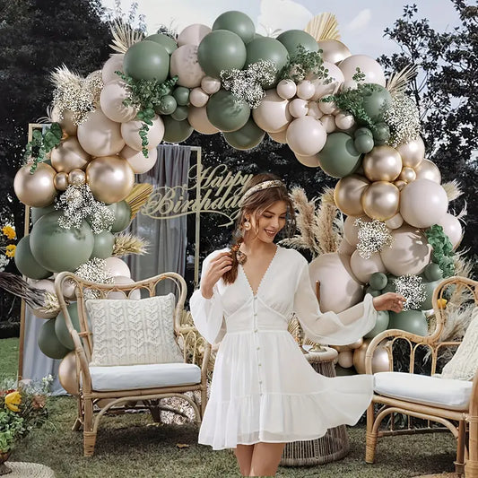 Sage Green & Golden Balloon Garland Arch Kit with Beige And Metallic Accents