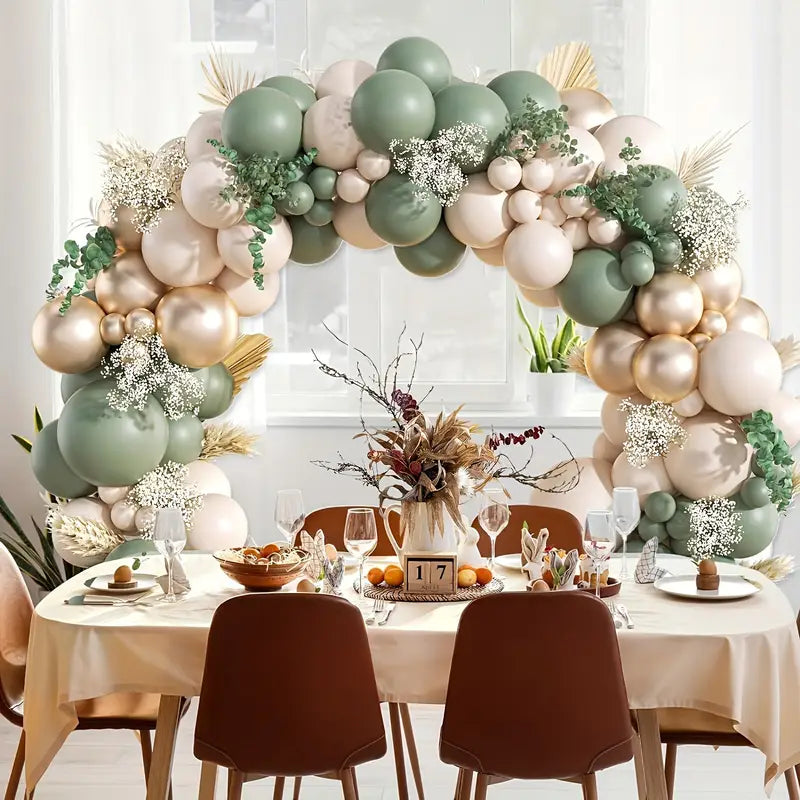 Sage Green & Golden Balloon Garland Arch Kit with Beige And Metallic Accents