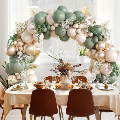 Sage Green & Golden Balloon Garland Arch Kit with Beige And Metallic Accents