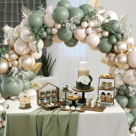 Sage Green & Golden Balloon Garland Arch Kit with Beige And Metallic Accents
